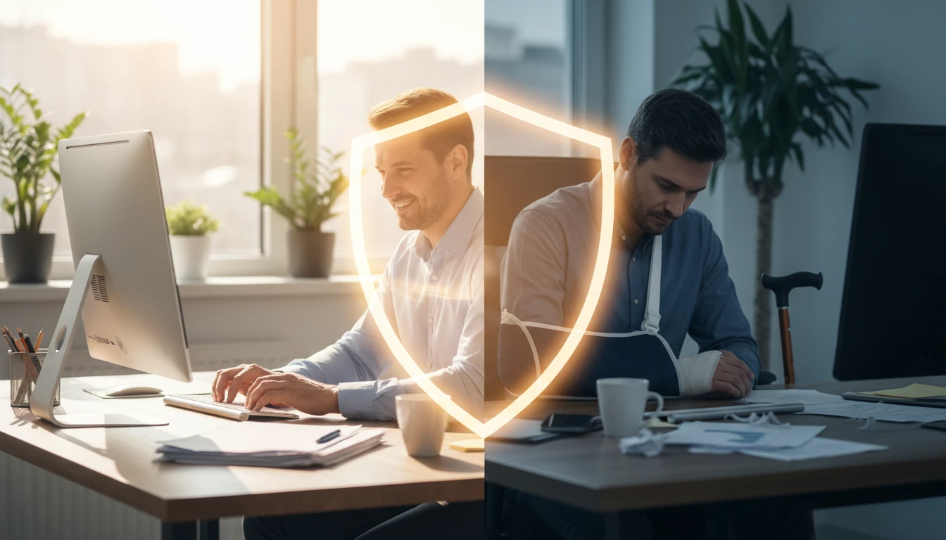 Berufsunfähigkeitsversicherung Symbolbild: berufstätiger Mann Mitte 30 am Schreibtisch, halb arbeitend, halb berufsunfähig dargestellt, mit schützendem Lichtschild als Metapher für Einkommensschutz