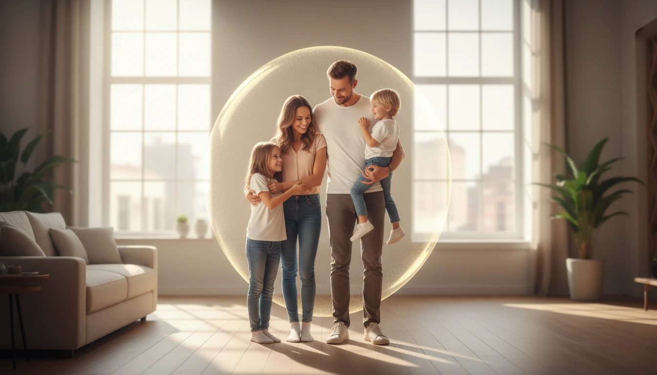 Junge Familie mit zwei Kindern in hellem Wohnzimmer, geschützt durch symbolische Lichtkuppel – Darstellung finanzieller Familienabsicherung